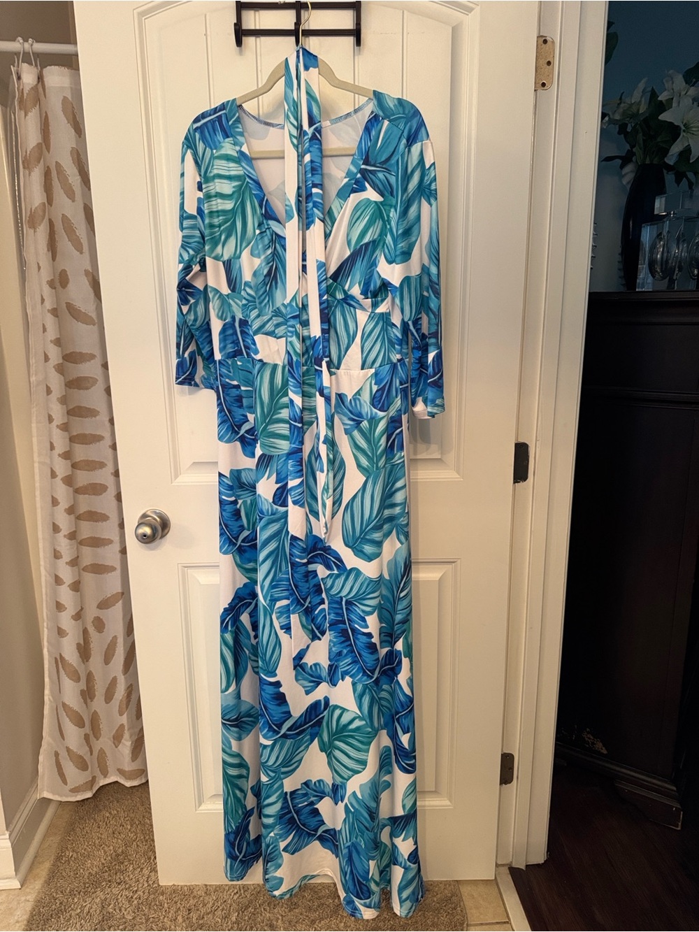 Blue & Teal Leaf Print Maxi Dress